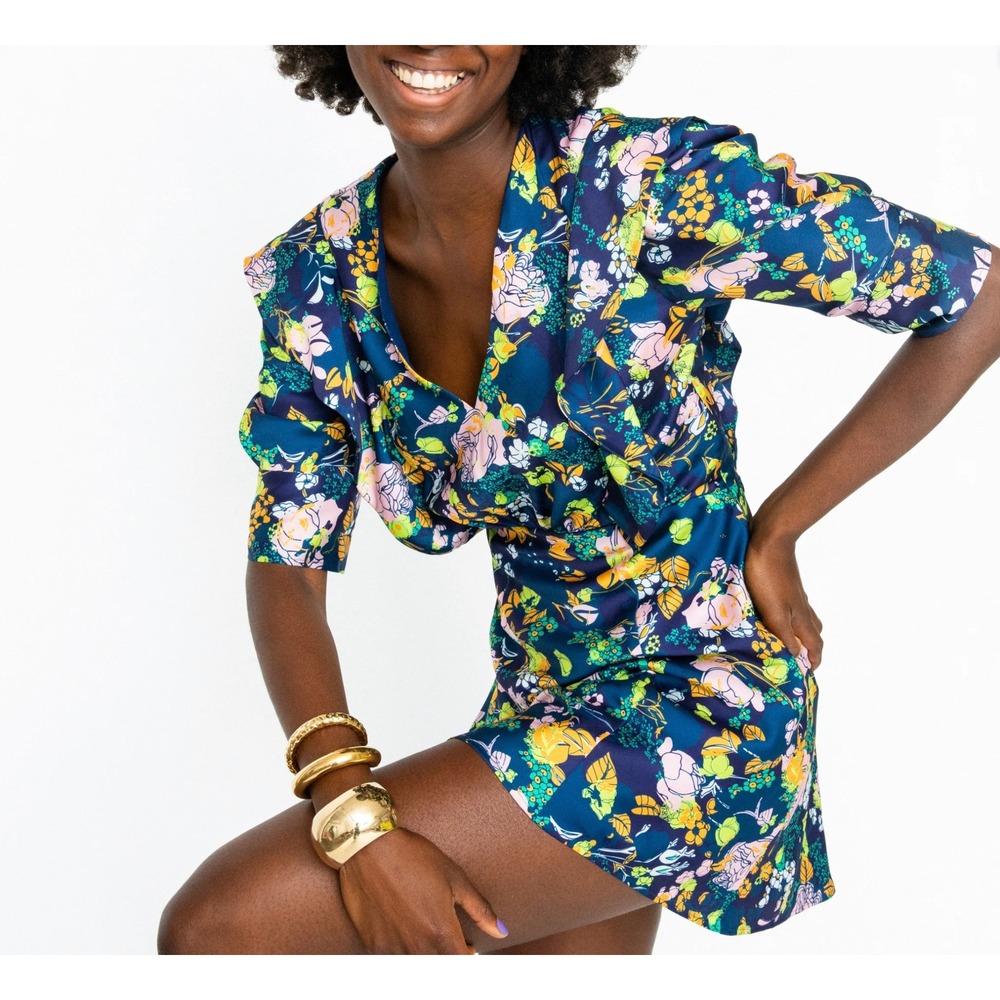 Tanya Taylor Audrey Navy Blue Floral Sz 4 Small Ruffle Spring V-Neck‎ Mini Dress